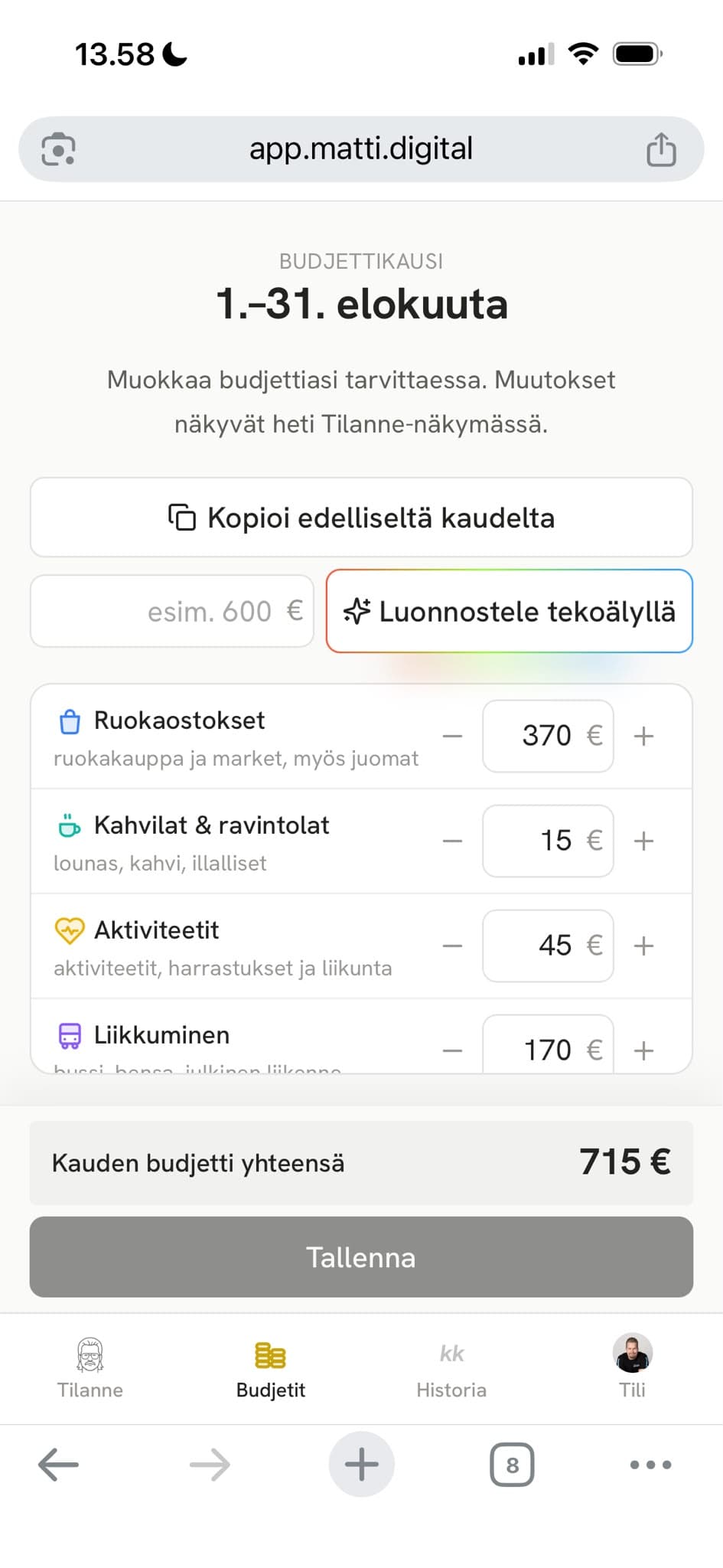 Palkkakauden käyttörahan jakaminen kategorioihin Matissa