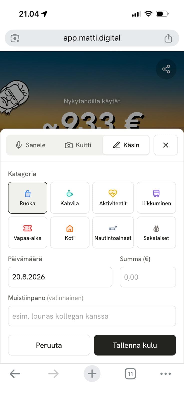 Kulun kirjaaminen Matissa: sanele, kuvaa kuitti tai kirjaa käsin