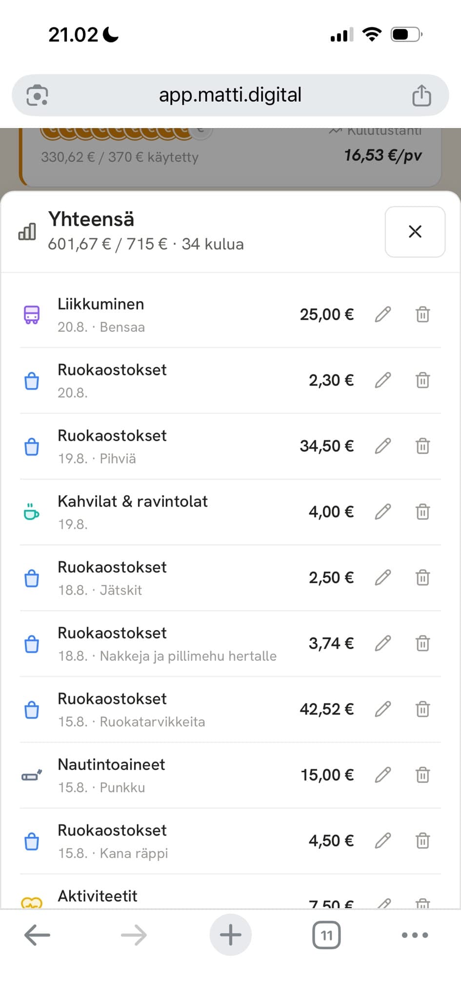 Kaikki palkkakauden kulut koottuna yhteen listaan Matissa