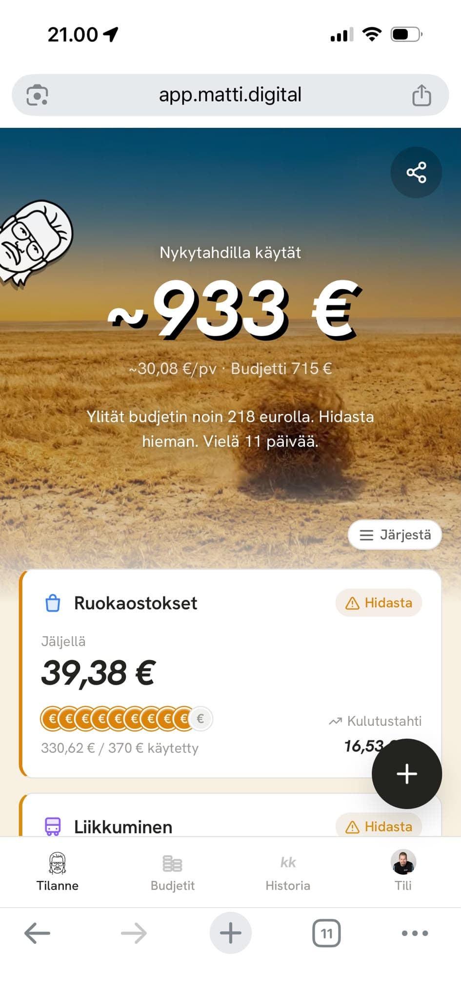 Matin tilannenäkymä ilman pankkiyhteyttä, kulut kirjattu itse kategorioihin