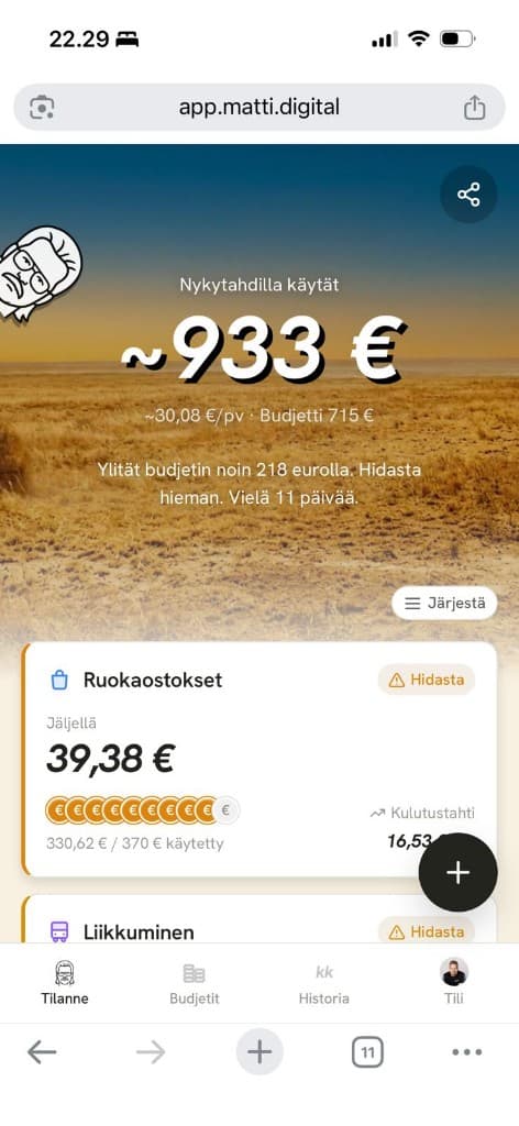 Matin tilannenäkymä: nykytahdilla budjetti ylittyy